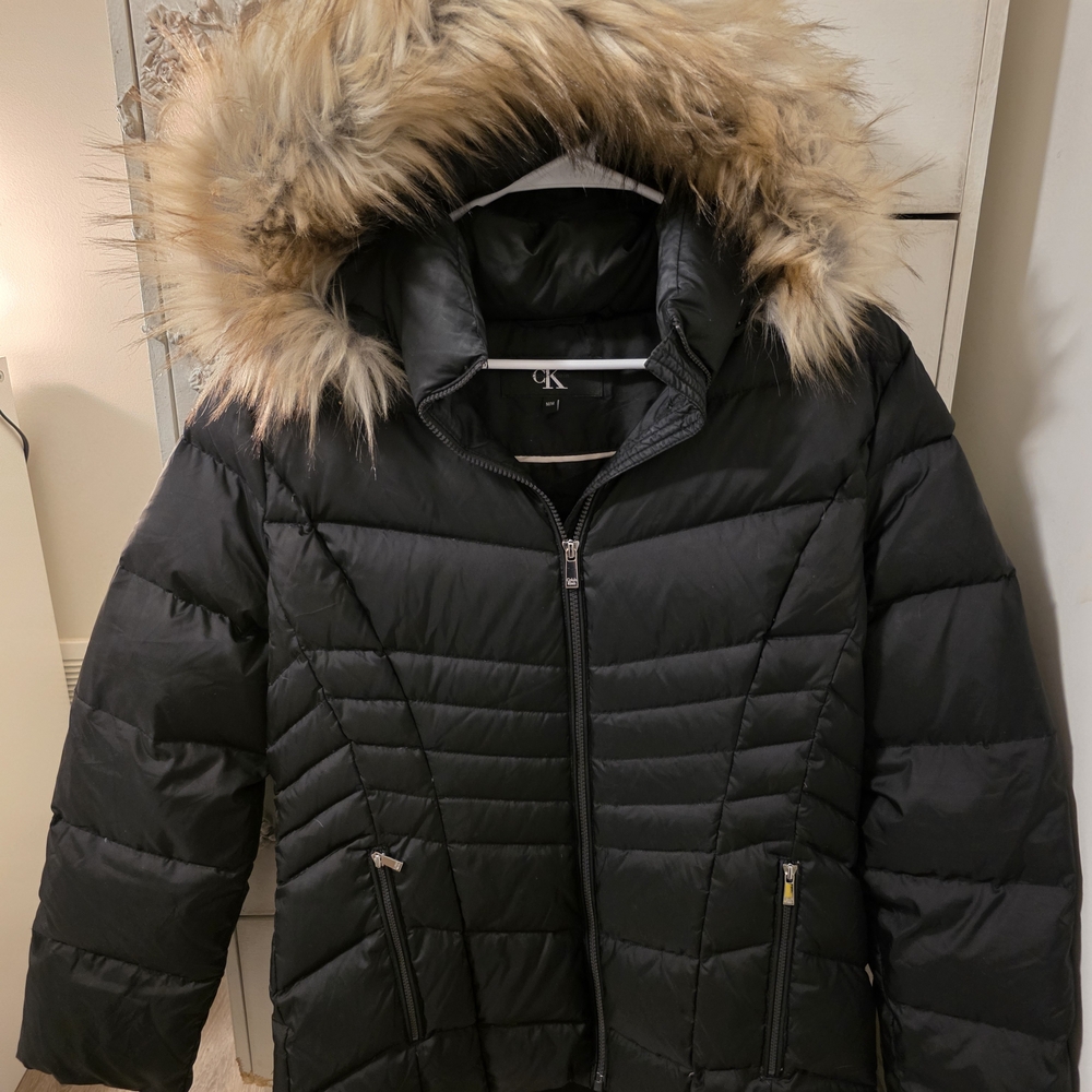 Calvin Klein Black Puffer Jacket with Faux Fur Hood